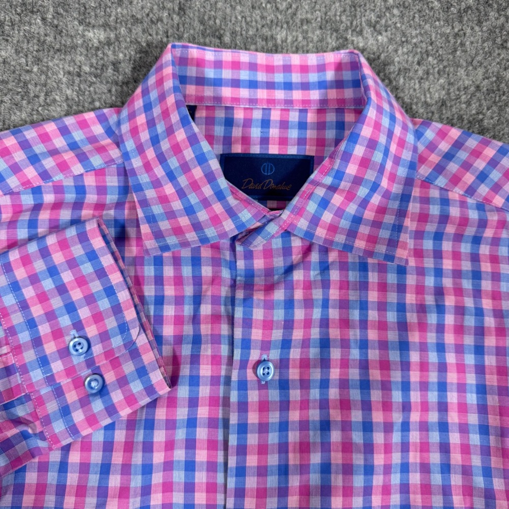 David Donahue Fusion Gingham Dress Shirt Mens 16.5 L Pink Blue 100% Cotton EUC